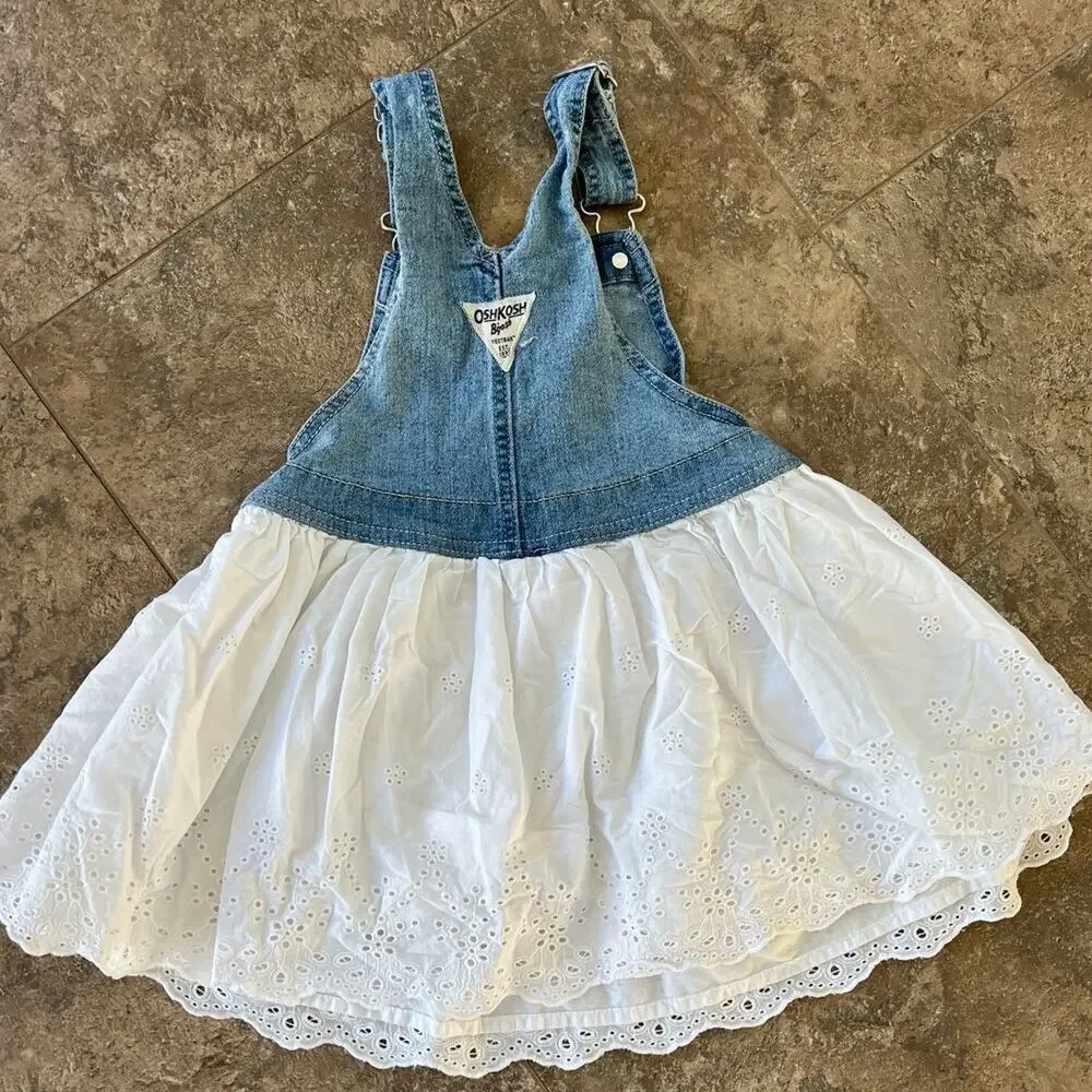 OshKosh B'gosh Denim Bib White Eyelet Dress, Girls 4T